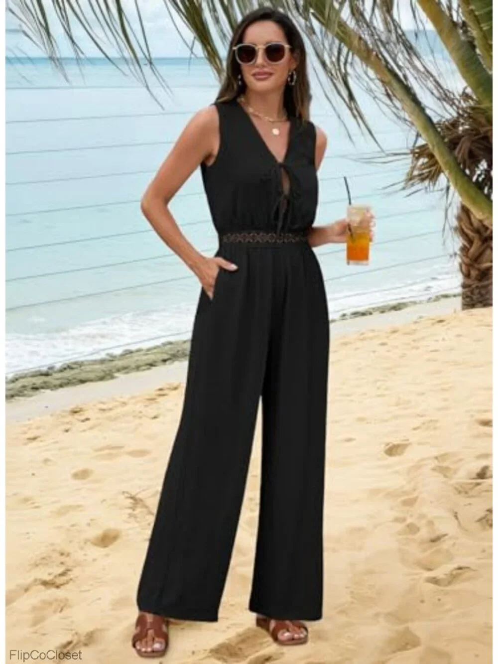 Sleeveless V Neck Tie Front Wide Leg Jumpsuit Romper with Pockets